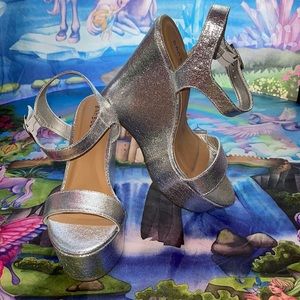 sparkly metal platform wedge mule ankle buckle w10